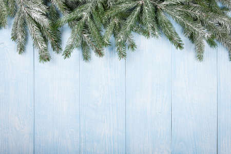 Christmas fir branch in snow on blue wooden backgroundの写真素材