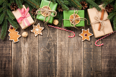 Christmas decoration on wooden backgroundの写真素材