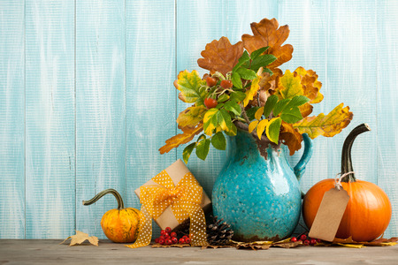 Thanksgiving background with fall decorationの写真素材