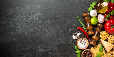 Cooking table with ingredients. Italian cuisine conceptの写真素材
