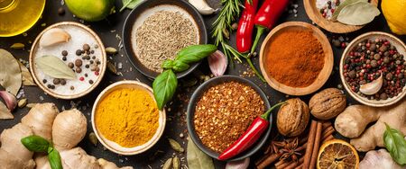 Various spices and herbs for cookingの写真素材