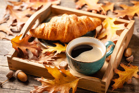 Autumn background with cup of black coffee, croissant and fall oak leavesの写真素材