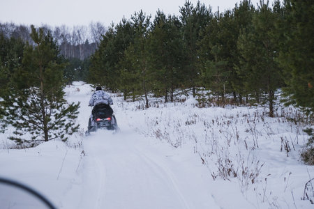 Athlete on a snowmobile moving in the winter forest.の写真素材
