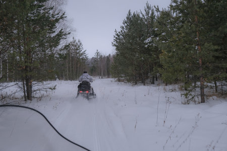 Hunters on snowmobiles ride in the winter forestの写真素材