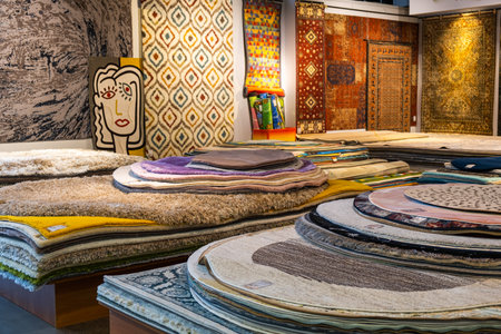 Shop, sale of carpets of different plans and colorsの写真素材