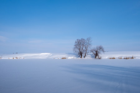 Winter landscape on the ice of a frozen lakeの写真素材