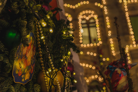 Christmas tree toys on the trees of Red Square in Moscowの写真素材