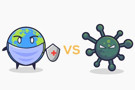 Vector of Earth fighting coronavirus. Earth with shield and viruses vector illustration. Flat cartoon styleのイラスト素材