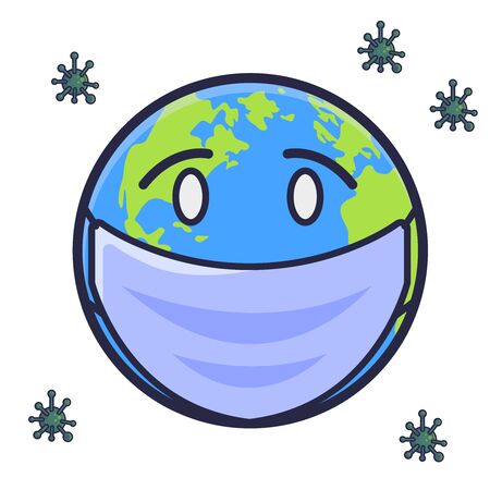 Earth wearing mask vector illustration. Corona cartoon character. World icon concept white Isolated. Flat cartoon styleのイラスト素材