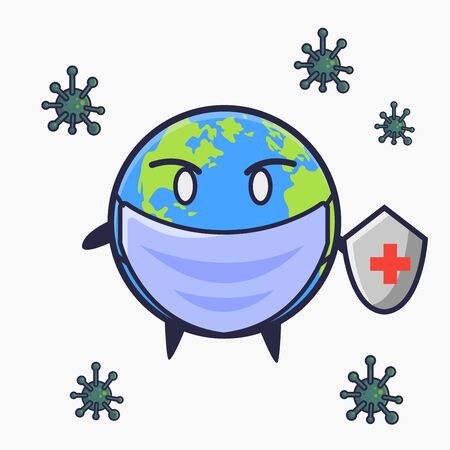 Vector of Earth fighting coronavirus. Earth with shield and viruses vector illustration. Flat cartoon styleのイラスト素材