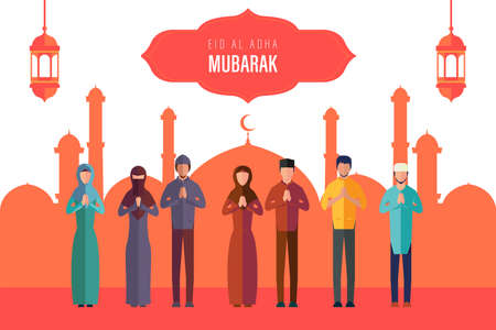 Eid Al Adha Greeting Concept Premium Vector. Muslim Peopleのイラスト素材