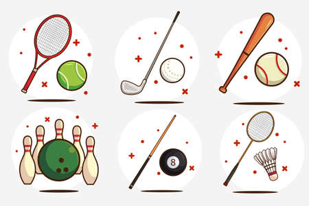 Set Of Sports Equipment. Tennis, Golf, Baseball, Bowling, billiard, And Badminton Vectorのイラスト素材
