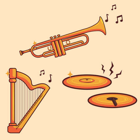 Vector Set Of Gold Music Instruments. Trumpet, Harp, And Cymbals Illustrationのイラスト素材