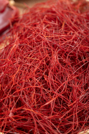 Close-up of a pile of red saffron threads.