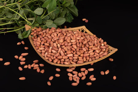 Peanuts in a wooden bowl on a black background with leaves.