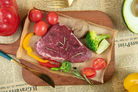 Raw beef steak with vegetables on a wooden board. Toned.の写真素材
