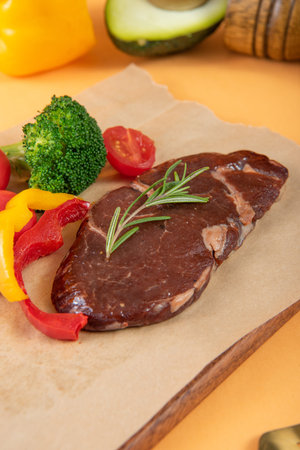 Beef tenderloin with vegetables and spices on a cutting board