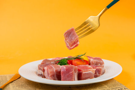 Raw pork on a white plate with a fork on a yellow backgroundの写真素材