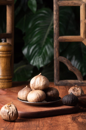 Dried figs on a wooden table. Healthy food concept.の写真素材