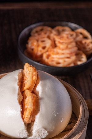 Chinese steamed dumplings with shrimps on wooden backgroundの写真素材