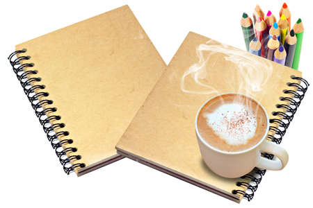 hot coffee on Old book coverの写真素材