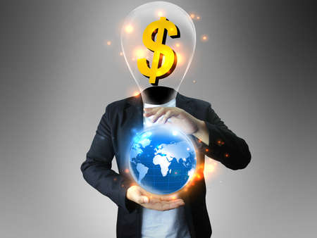 dollarman holding a glowing, connected の写真素材