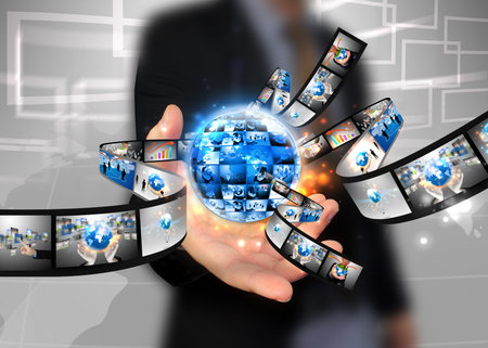 businessman holding business world 