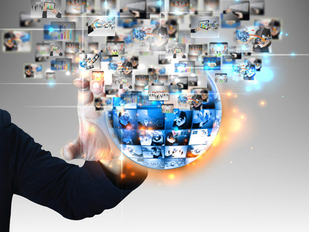 businessman holding business world 