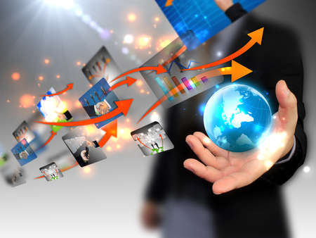 businessman holding world, connected の写真素材