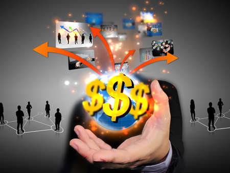 businessman holding US dollar sign の写真素材