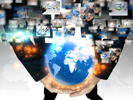 hand holding business world の写真素材