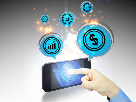 hand Touchscreen Smartphone with business Iconsの写真素材