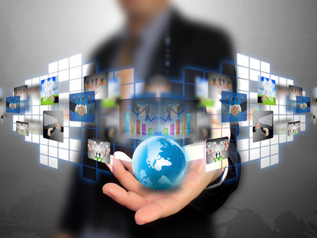 businessman holding business world 
