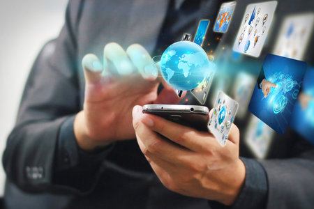 businessman holding business world 