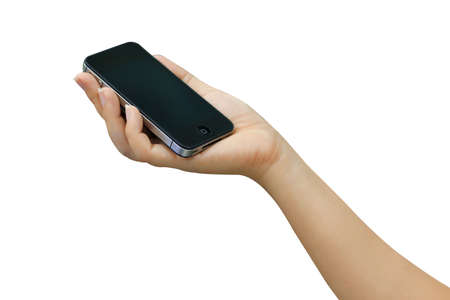 female hands holding smartphone   Isolated on background white のeditorial素材