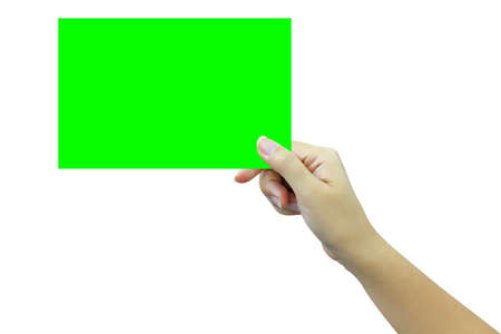 hands holding blank card isolated on white background の写真素材