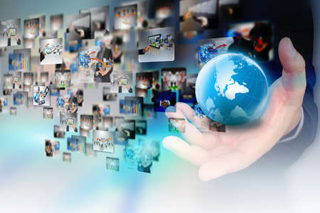 businessman holding social media concept.の写真素材