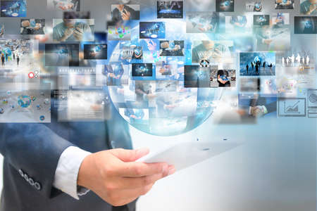 Businessman holding social media concept.の写真素材