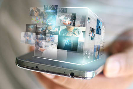 businessman holding social media concept.の写真素材