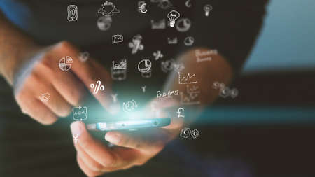 Hand touch screen smart phone. Social media concept.の写真素材