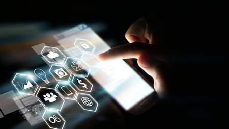 Hand touch on virtual screen.の写真素材