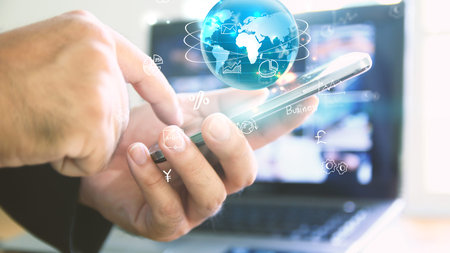 Hand touch screen smart phone. Social media concept.