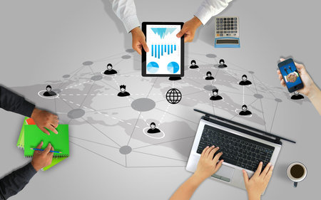 Businessman using the new media technologies and devices connect Social media.