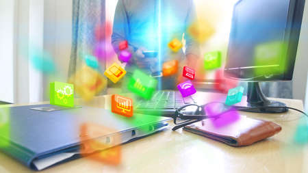 Hand touch screen smart phone.Digital technology concept,Social mediaの写真素材