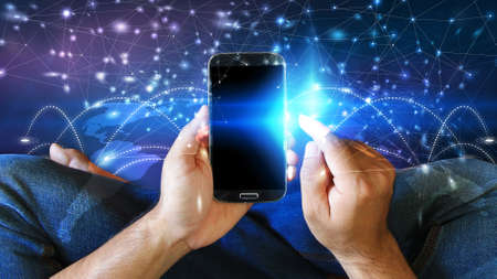 Hand touch screen smart phone. Social network concept,social mediaの写真素材