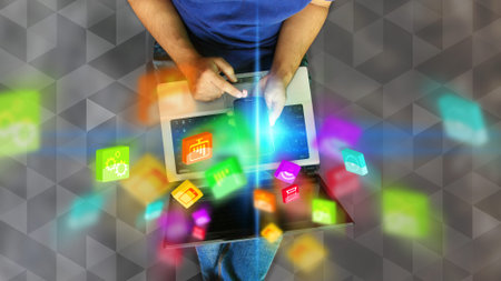 Hand touch screen smart phone. Social media concept.