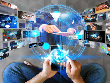 Hand touch screen smart phone. Social media concept.の写真素材