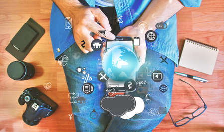 Hand touch screen smart phone. Social media concept.の写真素材