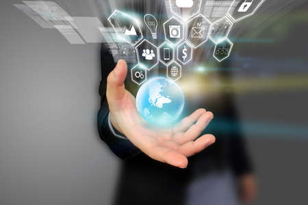 Businessman holding social icons. social media concept. の写真素材