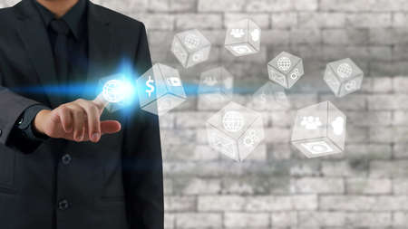 Hand touch screen social icons . Social media concept.の写真素材